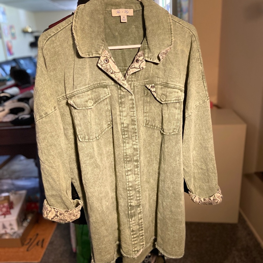 She + Sky Olive Utility Jacket with Snakeskin Trim